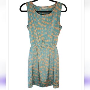 Necessary Clothing Bird Print Fit & Flare Dress Blue Orange Retro Indie Small